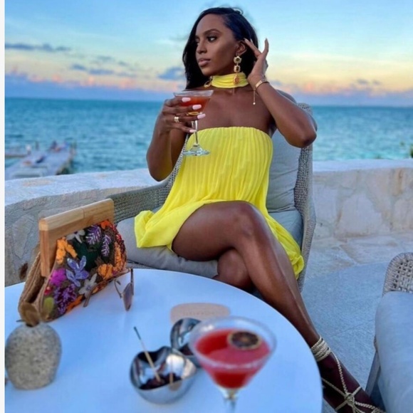 Pleated Yellow Mini Dress Tie Neck Short A-Line Flared - Picture 17 of 17